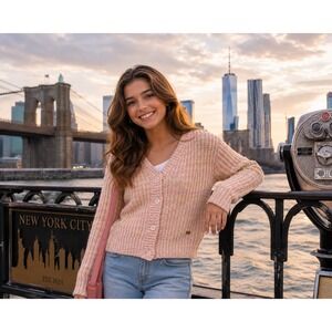 DKNY Girls Pink Cream Marled Knit Cardigan Button Front Long Sleeve Sweater